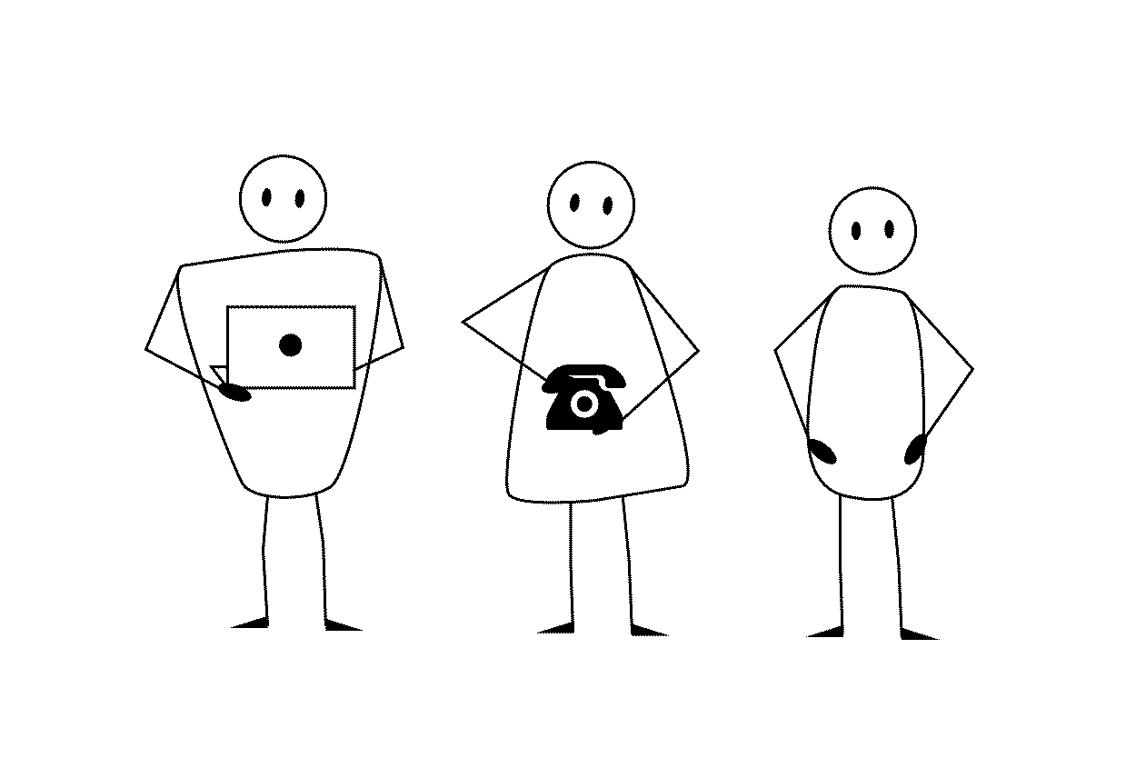 Illustration von 3 Strichmännchen. Diese beraten, telefonieren und analysieren